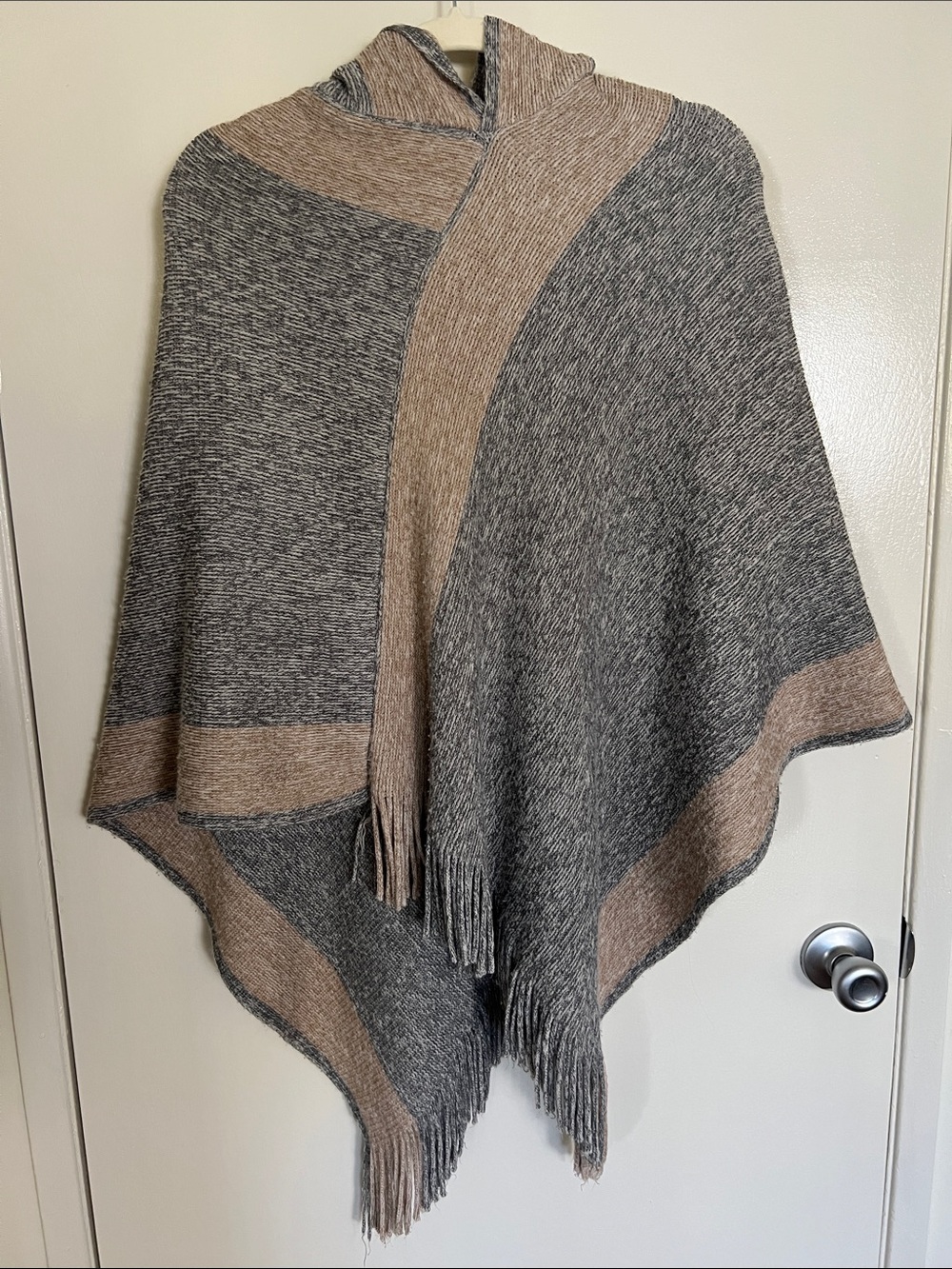 Cozy Hooded Throw Poncho - Gray and Tan